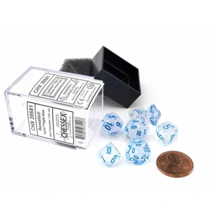 Polyhedral Mini 7-Die Set, Luminary Borealis - Icicle with Light Blue Numbers - Your Source for Gaming Essentials New