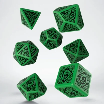Q-Workshop Celtic Dice Set 3D Green with Black Revised (7 Piece Set) - Your Source for Gaming Essentials Shop