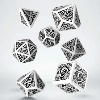 Q-Workshop Celtic Dice Set 3D White with Black (7 Piece Polyhedral Set) - Your Source for Gaming Essentials Online