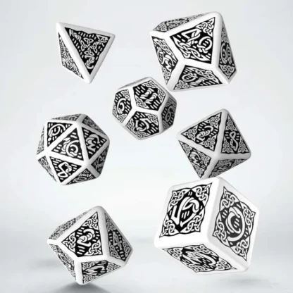 Q-Workshop Celtic Dice Set 3D White with Black (7 Piece Polyhedral Set) - Your Source for Gaming Essentials Online