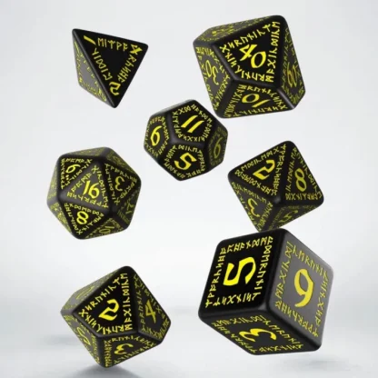 Q-Workshop Runic Dice Set Black with Yellow Etches (7 Pieces Set) - Your Source for Gaming Essentials Shop