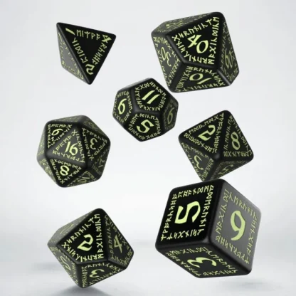 Q-Workshop Runic Dice Set Black with Glow-in-the-Dark Etches (7 Pieces Set) - Your Source for Gaming Essentials New