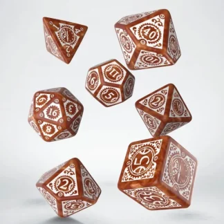 Q-Workshop Steampunk Clockwork Dice Set Caramel with White Etches (7 Piece Set) - Your Source for Gaming Essentials Store
