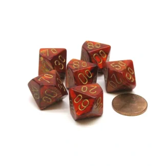 Scarab 16mm Tens D10 (00-90) Chessex Dice, 6 Pieces - Scarlet with Gold Numbers - Your Source for Gaming Essentials Cheap