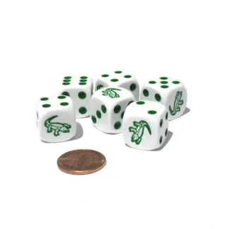 Set of 6 Alligator 16mm D6 Round Edge Animal Dice - White with Green Pips - Your Source for Gaming Essentials Store