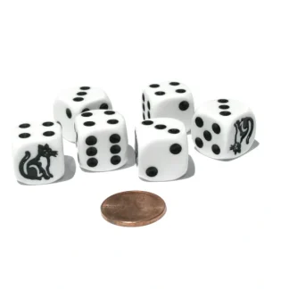 Set of 6 Cat Dice 16mm D6 Rounded Edge Animal Dice- White with Black Pips - Your Source for Gaming Essentials Sale
