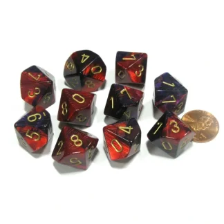 Set of 10 Chessex Gemini D10 Dice - Purple-Red with Gold Numbers - Your Source for Gaming Essentials New