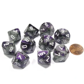 Set of 10 Chessex Gemini D10 Dice - Purple-Steel with White Numbers - Your Source for Gaming Essentials Cheap
