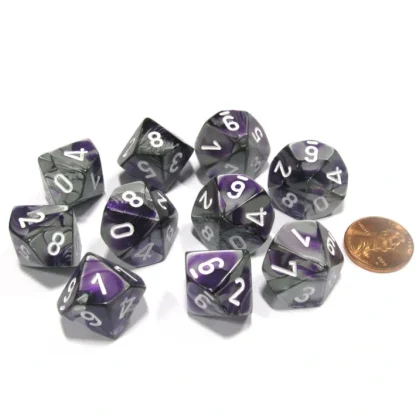 Set of 10 Chessex Gemini D10 Dice - Purple-Steel with White Numbers - Your Source for Gaming Essentials Cheap