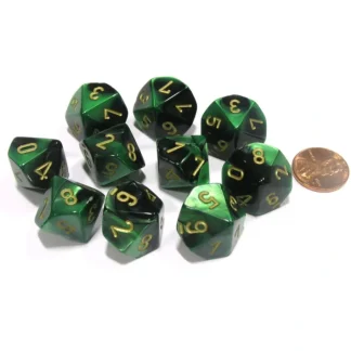 Set of 10 Chessex Gemini D10 Dice - Black-Green with Gold Numbers - Your Source for Gaming Essentials Cheap