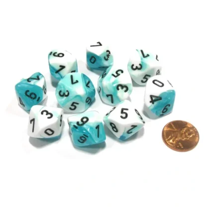 Set of 10 Chessex Gemini D10 Dice - Teal-White with Black Numbers - Your Source for Gaming Essentials Cheap