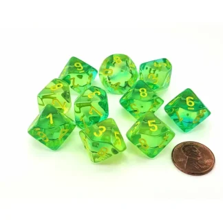 Set of 10 Chessex Gemini D10 Dice - Translucent Green-Teal with Yellow Numbers - Your Source for Gaming Essentials New