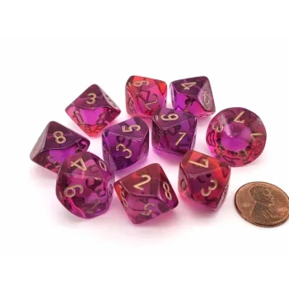 Set of 10 Chessex Gemini D10 Dice - Translucent Red-Violet with Gold Numbers - Your Source for Gaming Essentials Hot