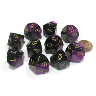 Set of 10 Chessex Gemini D10 Dice - Black-Purple with Gold Numbers - Your Source for Gaming Essentials Hot