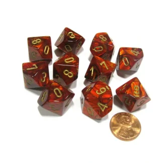 Set of 10 Chessex Scarab D10 Dice - Scarlet with Gold Numbers - Your Source for Gaming Essentials Shop