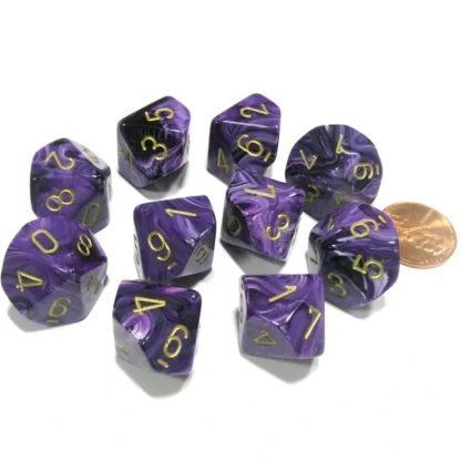 Set of 10 Chessex Vortex D10 Dice - Purple with Gold Numbers - Your Source for Gaming Essentials Online