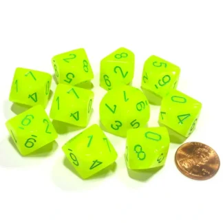 Set of 10 Chessex Vortex D10 Dice - Bright Electric Yellow with Green Numbers - Your Source for Gaming Essentials Best
