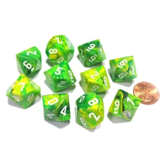 Set of 10 Chessex Vortex D10 Dice - Dandelion with White Numbers - Your Source for Gaming Essentials Hot