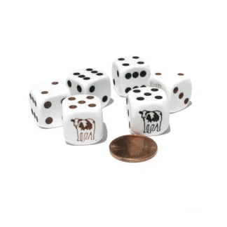 Set of 6 Cow Dice 16mm D6 Rounded Edge- 3 White w Brown and 3 White w Black - Your Source for Gaming Essentials New