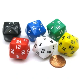 Set of 6 D24 24mm Dice-Assorted-1 Each of Red, White, Blue, Black, Green, Yellow - Your Source for Gaming Essentials Cheap