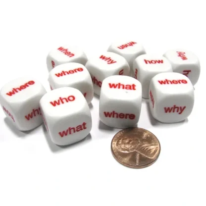 Set of 10 D6 16mm Educational English Interrogative Questions Dice- White w/ Red - Your Source for Gaming Essentials Best