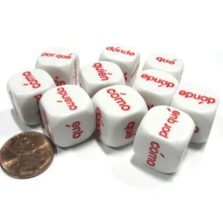 Set of 10 D6 16mm Educational Spanish Interrogative Questions Dice- White w/ Red - Your Source for Gaming Essentials New