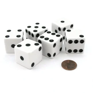 Set of 6 D6 25mm Large Opaque Jumbo Dice - White with Black Pip - Your Source for Gaming Essentials Clearance