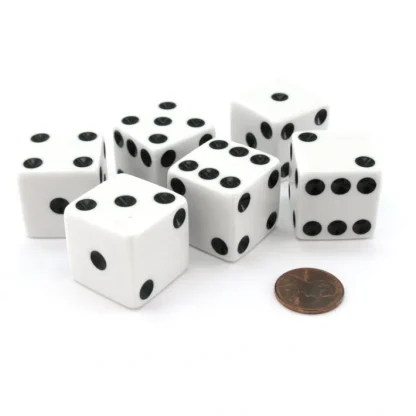 Set of 6 D6 25mm Large Opaque Jumbo Dice - White with Black Pip - Your Source for Gaming Essentials Clearance