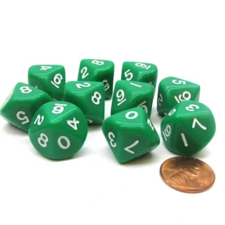 Set of 10 D10 10-Sided 16mm Opaque Dice - Green with White Numbers - Your Source for Gaming Essentials Online