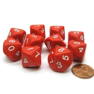 Set of 10 D10 10-Sided 16mm Opaque Dice - Red with White Numbers - Your Source for Gaming Essentials Store