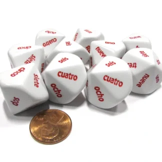 Set of 10 D10 Spanish Word Number Dice, uno-diez - White with Red Letters - Your Source for Gaming Essentials Flash Sale