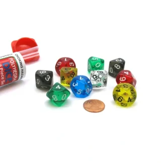 Set of 10 D10 Transparent Dice in Travel Tube - Assorted Colors - Your Source for Gaming Essentials Outlet