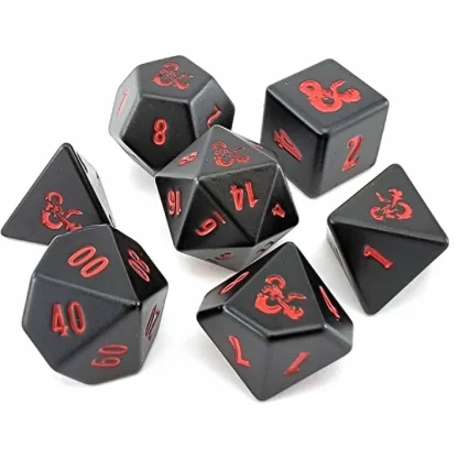 Set of 7 Dungeons and Dragons RPG Metal Polyhedral Dice - Black with Red Numbers - Your Source for Gaming Essentials Shop