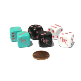 Set of 6 Flamingo 16mm Dice - 2 Each of Black, Aqua, and White with Pink Pips - Your Source for Gaming Essentials New