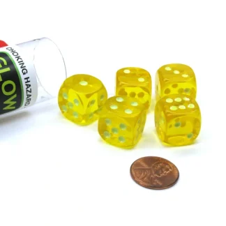Set of 5 16mm D6 Glow In the Dark Spots Dice in Tube - Yellow - Your Source for Gaming Essentials New