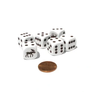Set of 6 Moose 16mm D6 Round Edged Animal Dice - White with Brown Pips - Your Source for Gaming Essentials Clearance
