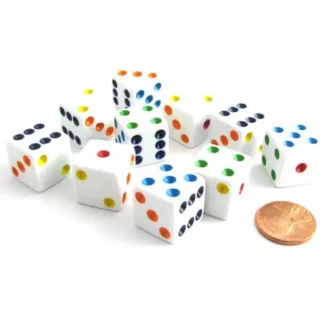 Set of 10 Six Sided D6 16mm Standard Dice Die - White with Multi-Color Pips - Your Source for Gaming Essentials Store