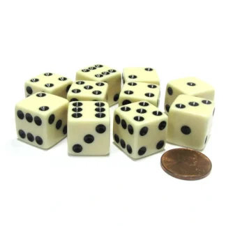 Set of 10 Six Sided Square Opaque 16mm D6 Dice - Ivory with Black Pip Die - Your Source for Gaming Essentials Store