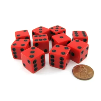 Set of 10 Six Sided Square Opaque 16mm D6 Dice - Red with Black Pip Die - Your Source for Gaming Essentials Sale