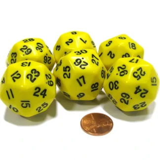 Set of 6 Triantakohedron D30 30 Sided 33mm Jumbo Dice - Yellow w Black Numbers - Your Source for Gaming Essentials Discount