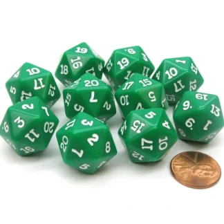 Set of 10 Twenty Sided 19mm D20 Opaque RPG Dice - Green with White Numbers Die - Your Source for Gaming Essentials New