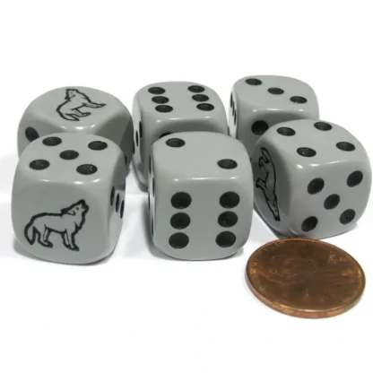 Set of 6 Wolf 16mm D6 Round Edged Animal Dice - Gray with Black Pips - Your Source for Gaming Essentials Outlet