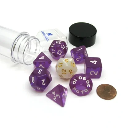 Tube of 7 Polyhedral RPG Sirius Dice with Bonus D20 - Translucent Purple Resin - Your Source for Gaming Essentials Best